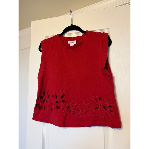 Japna Tops - Japna Red Floral Eyelet Embroidered Hem Cotton Tank Top Large